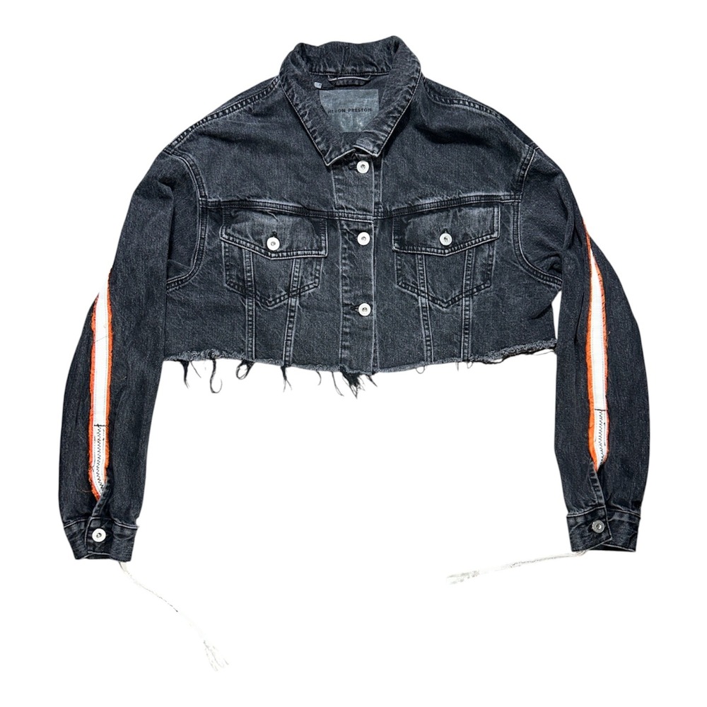 Heron Preston Cropped Denim Jacket Black Frayed Hem CTNMB Stripe Streetwear XL‎